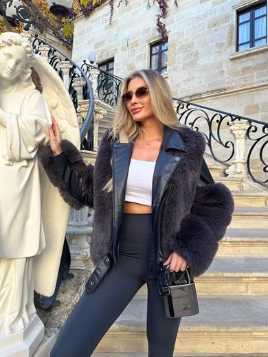 Antrasit Kısa Deri Kürk Kaban