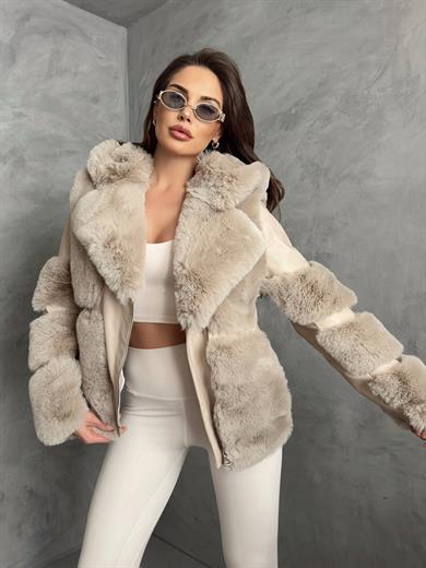 Kapşonlu Bej Kısa Kürk Garnili Deri Kaban