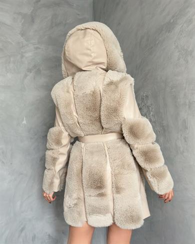 Bej Uzun Boğum Kol Deri Kaban