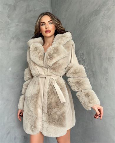 Bej Uzun Boğum Kol Deri Kaban