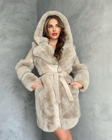 Bej Uzun Boğum Kol Deri Kaban