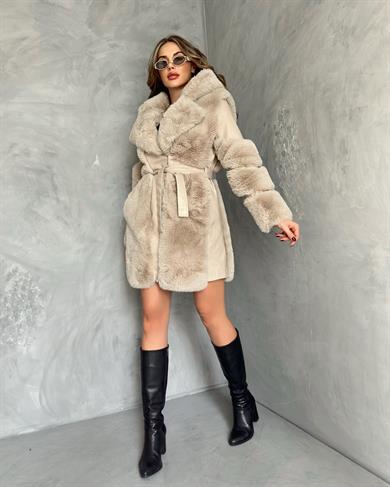 Bej Uzun Boğum Kol Deri Kaban