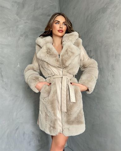 Bej Uzun Boğum Kol Deri Kaban