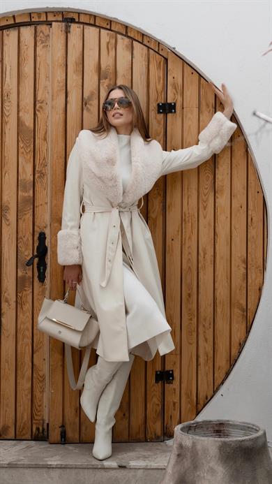 Bej Kol Ve Yaka Kürklü Deri Kaban