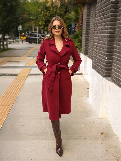 Bordo Yaka Kürklü Kaşe Kaban