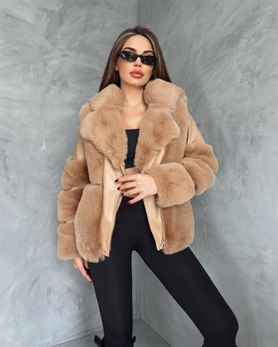 Kapşonlu Camel Kısa Kürk Garnili Deri Kaban