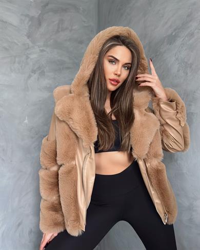 Kapşonlu Camel Kısa Kürk Garnili Deri Kaban