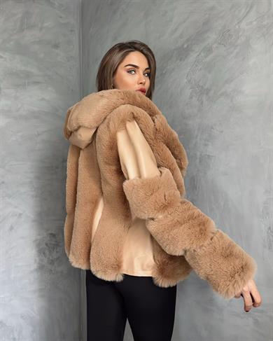 Kapşonlu Camel Kısa Kürk Garnili Deri Kaban