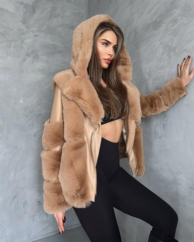 Kapşonlu Camel Kısa Kürk Garnili Deri Kaban