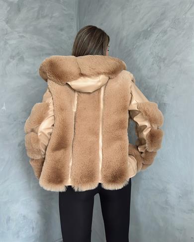 Kapşonlu Camel Kısa Kürk Garnili Deri Kaban