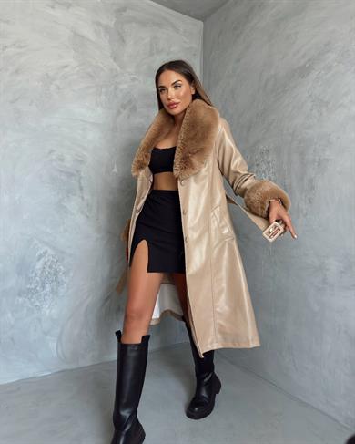 Camel Deri Kürklü Uzun Kaban