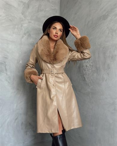 Camel Deri Kürklü Uzun Kaban