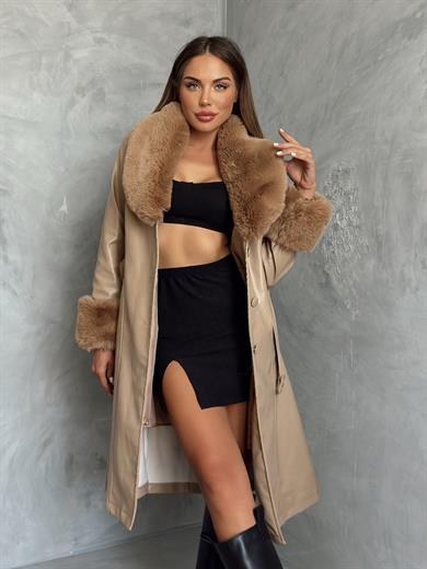 Camel Deri Kürklü Uzun Kaban