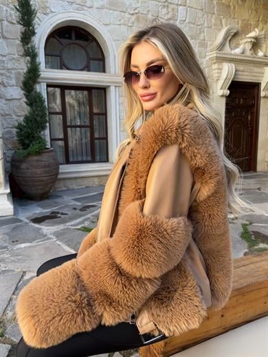 Camel Kısa Deri Kürk Kaban