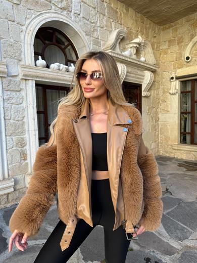 Camel Kısa Deri Kürk Kaban