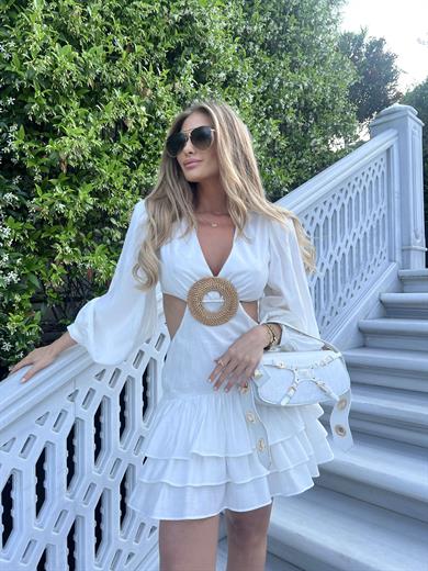 Hasır Tokalı Beyaz Elbise