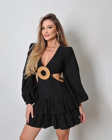 Hasır Tokalı Siyah Elbise