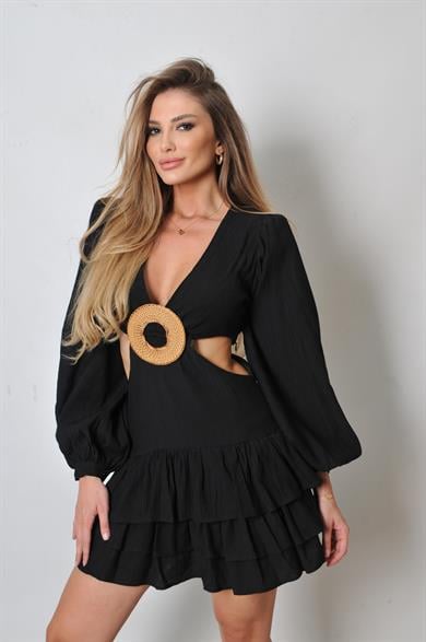 Hasır Tokalı Siyah Elbise