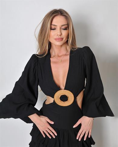 Hasır Tokalı Siyah Elbise