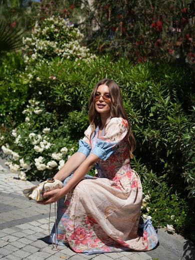 Floredelle Mavi  Çiçek Desen Karpuz Kol Uzun Elbise