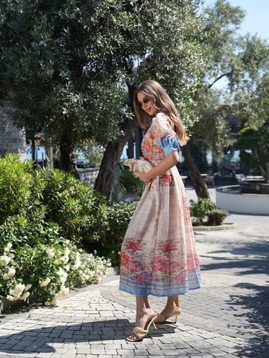 Floredelle Mavi  Çiçek Desen Karpuz Kol Uzun Elbise