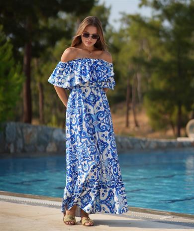 Mavi Madonna Yaka Barok Desen Uzun Elbise