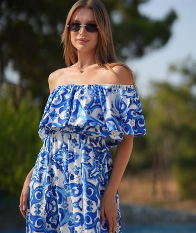 Mavi Madonna Yaka Barok Desen Uzun Elbise