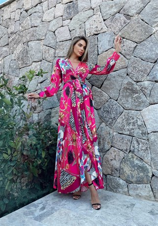 Okyanus Desen Pembe Yırtmaçlı Saten Uzun Elbise