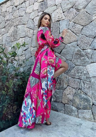 Okyanus Desen Pembe Yırtmaçlı Saten Uzun Elbise