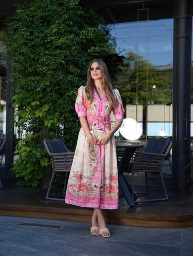 Florederelle Pembe Çiçek Desen Karpuz Kol Uzun Elbise