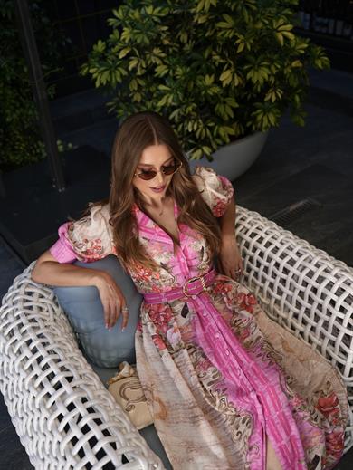 Florederelle Pembe Çiçek Desen Karpuz Kol Uzun Elbise