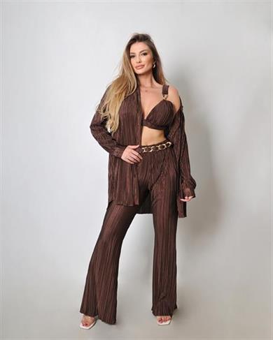 Kahverengi Pilise Gömlek Pantolon Takım