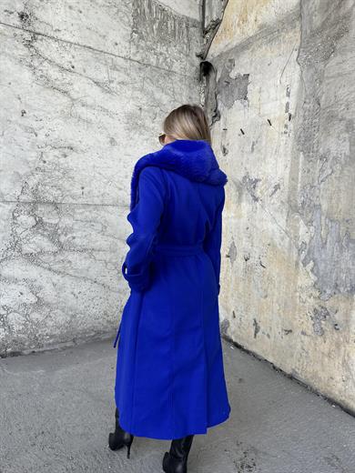 Sax Mavi Yaka Kürk Kaşe Kaban