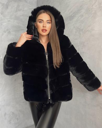 siyah kapşonlu kürk kısa kaban 