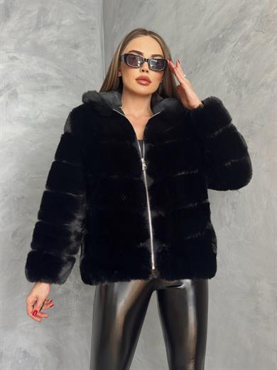 siyah kapşonlu kürk kısa kaban 