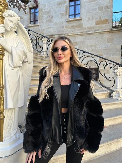 Siyah Kısa Deri Kürk Kaban