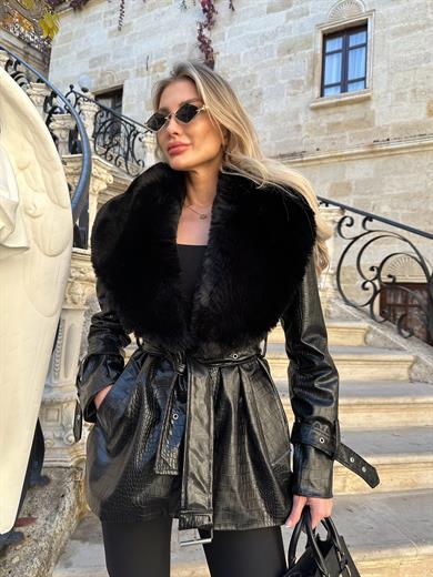 Siyah Kısa Kroko Kürklü Deri Kaban