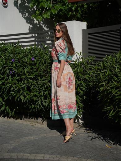 Floredelle Yeşil Çiçek Desen Karpuz Kol Uzun Elbise