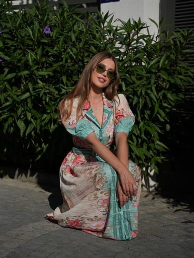 Floredelle Yeşil Çiçek Desen Karpuz Kol Uzun Elbise