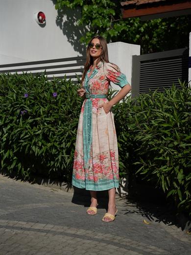 Floredelle Yeşil Çiçek Desen Karpuz Kol Uzun Elbise