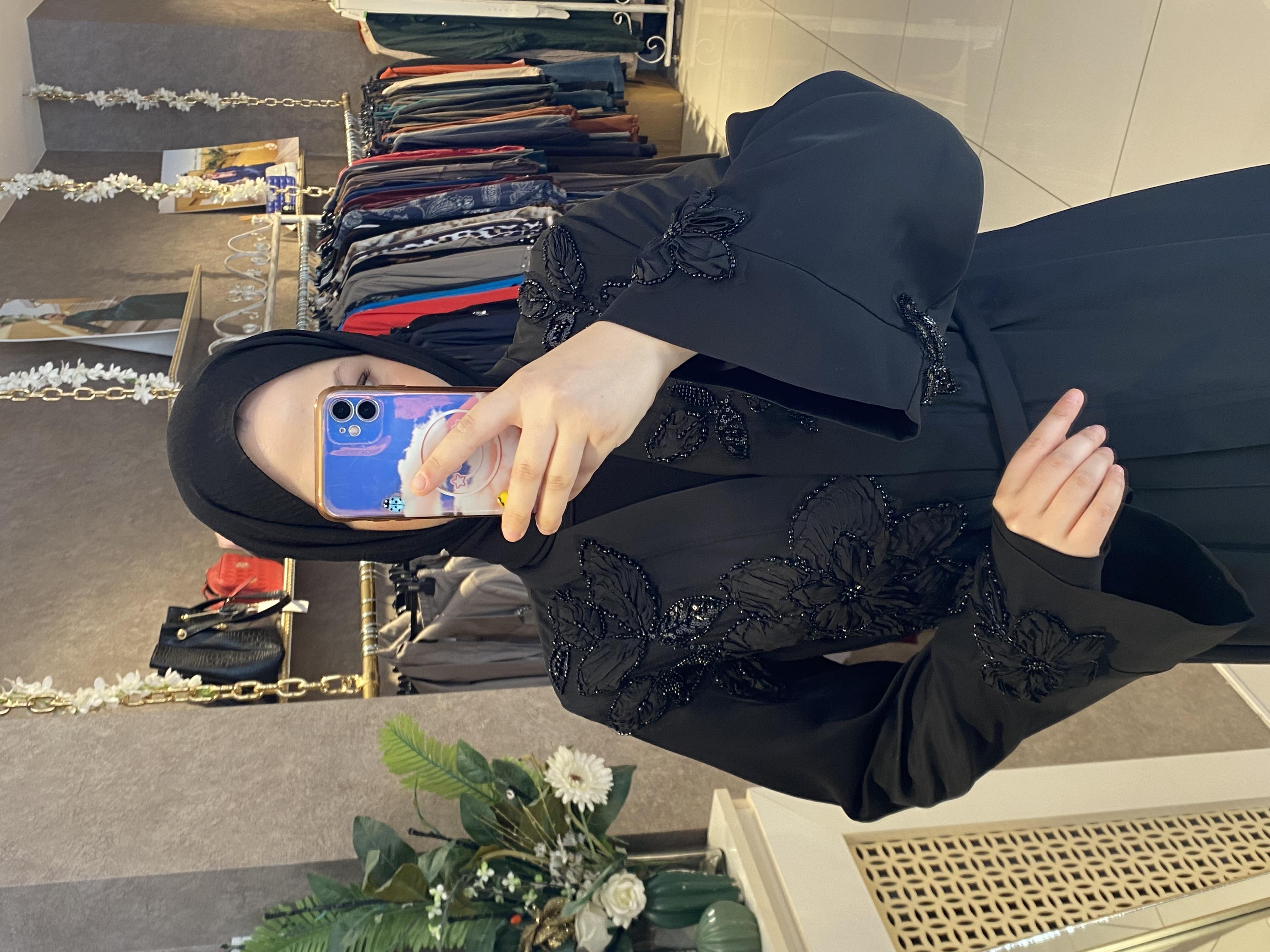Gül işlemeli abaya ikili takım siyah 