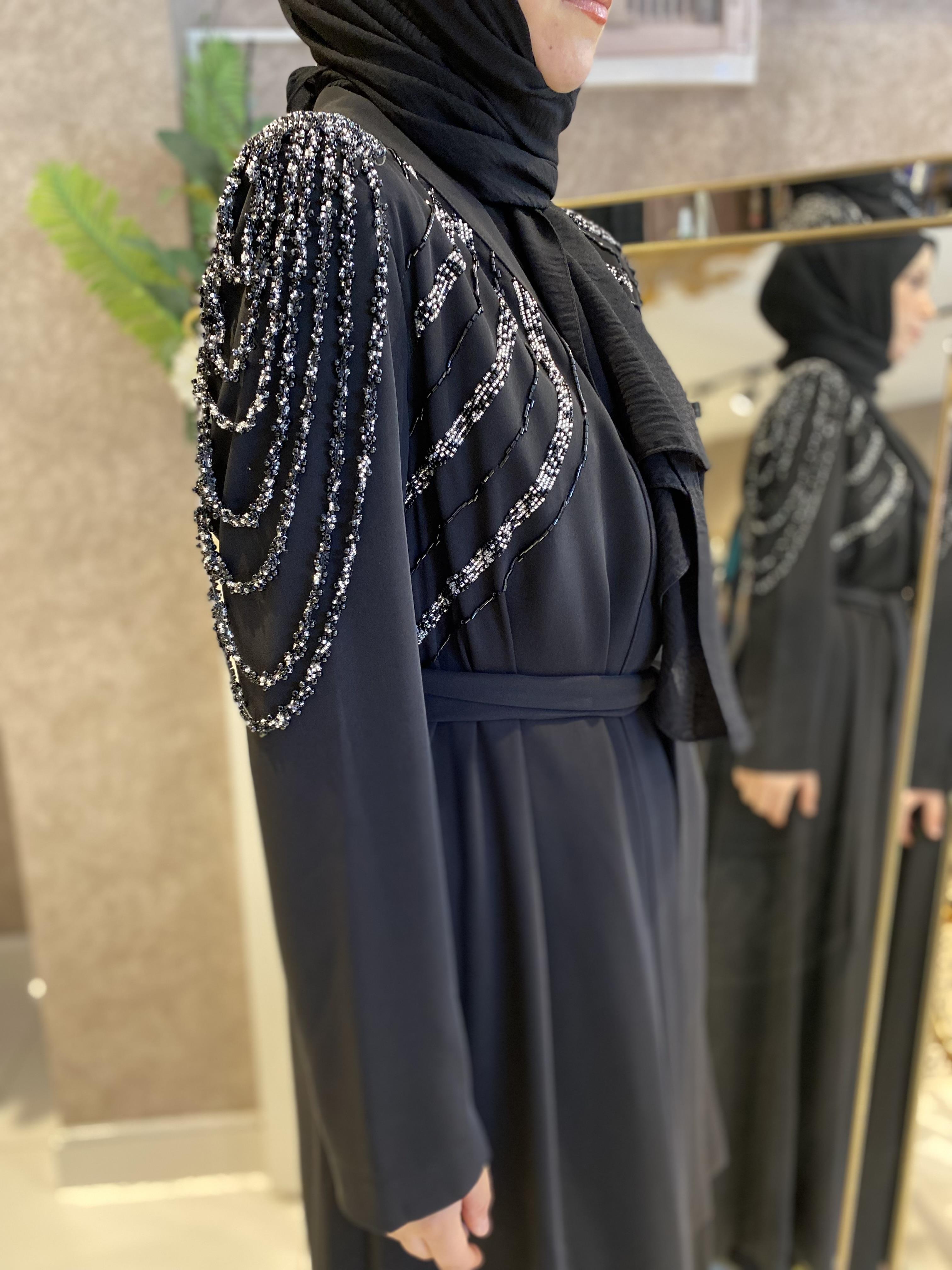 Taşlı abaya ikili takım siyah 