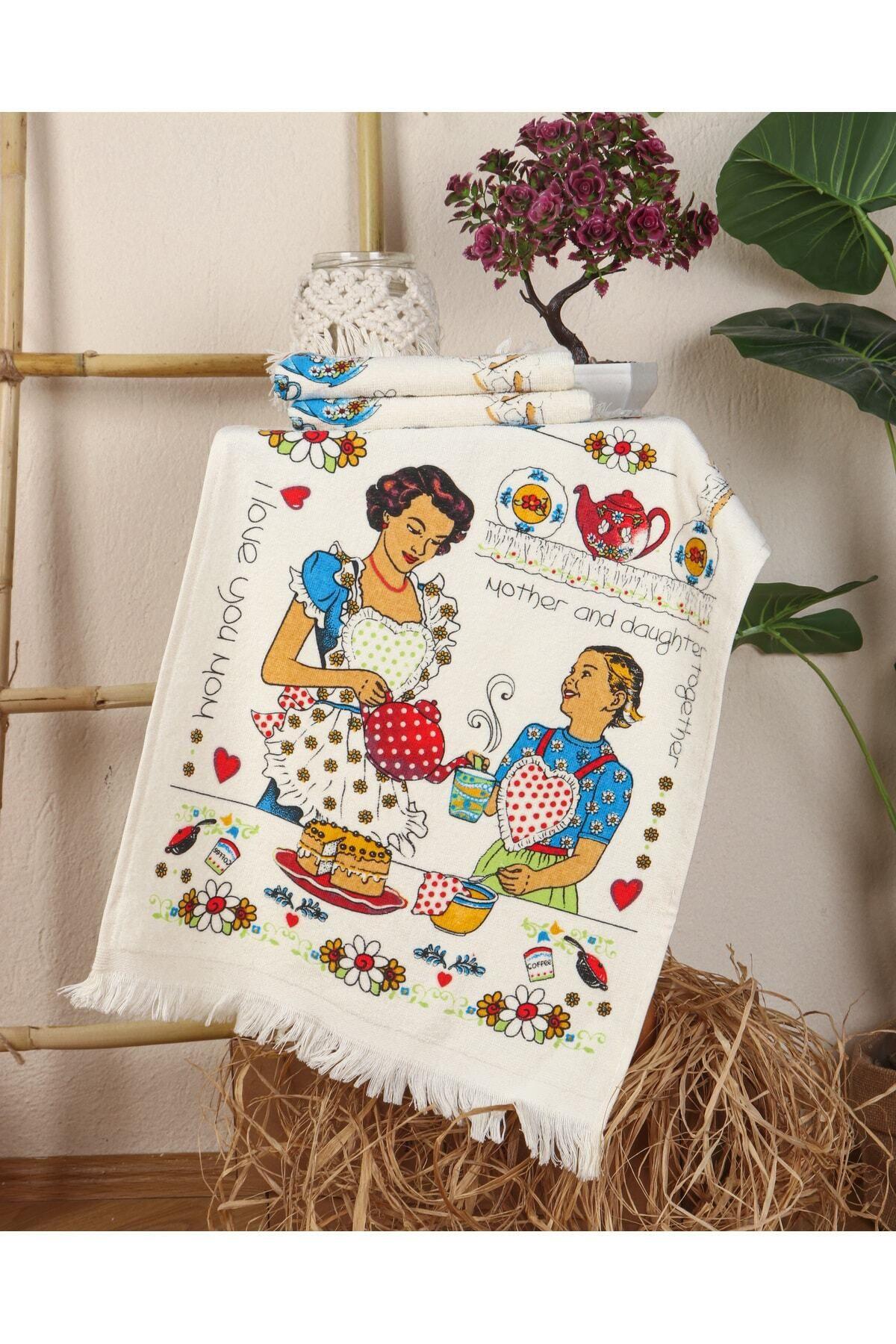 Saçaklı Mutfak Havlusu Modeli Baskılı Kadife Mutfak Havlusu 3lü