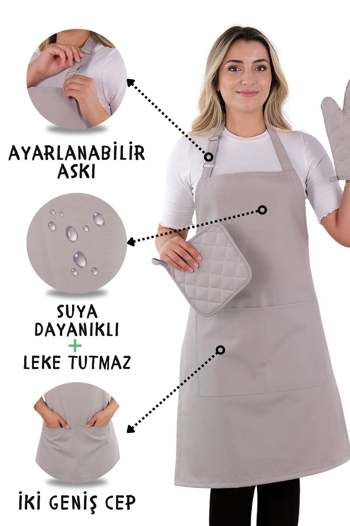 Simple 3lü Set Ayar Askılı Mutfak Önlüğü Seti (ELDİVEN, TUTACAK)