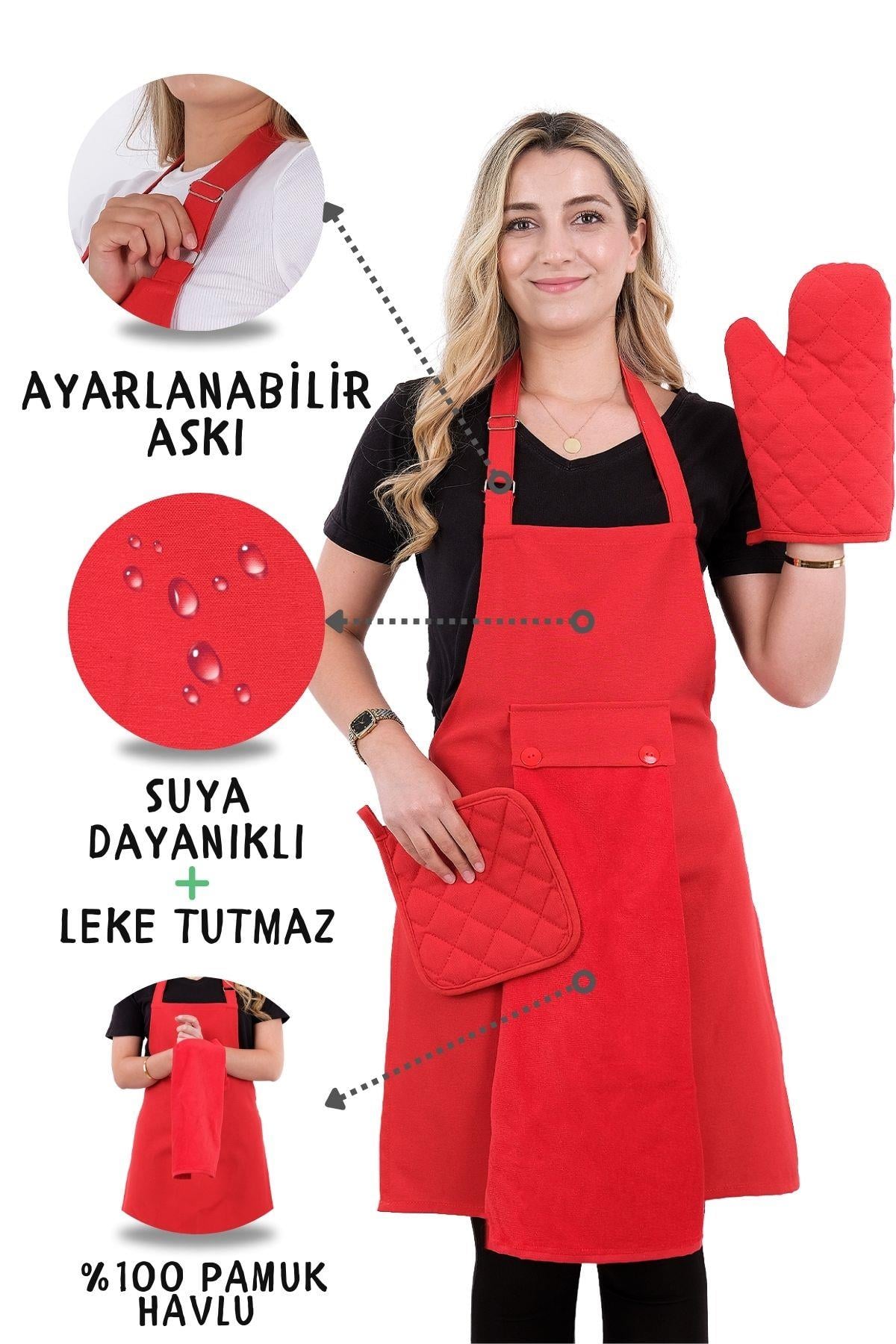 Star Ayar Askılı Havlulu 4lü Mutfak Önlüğü Seti (ELDİVEN TUTACAK)