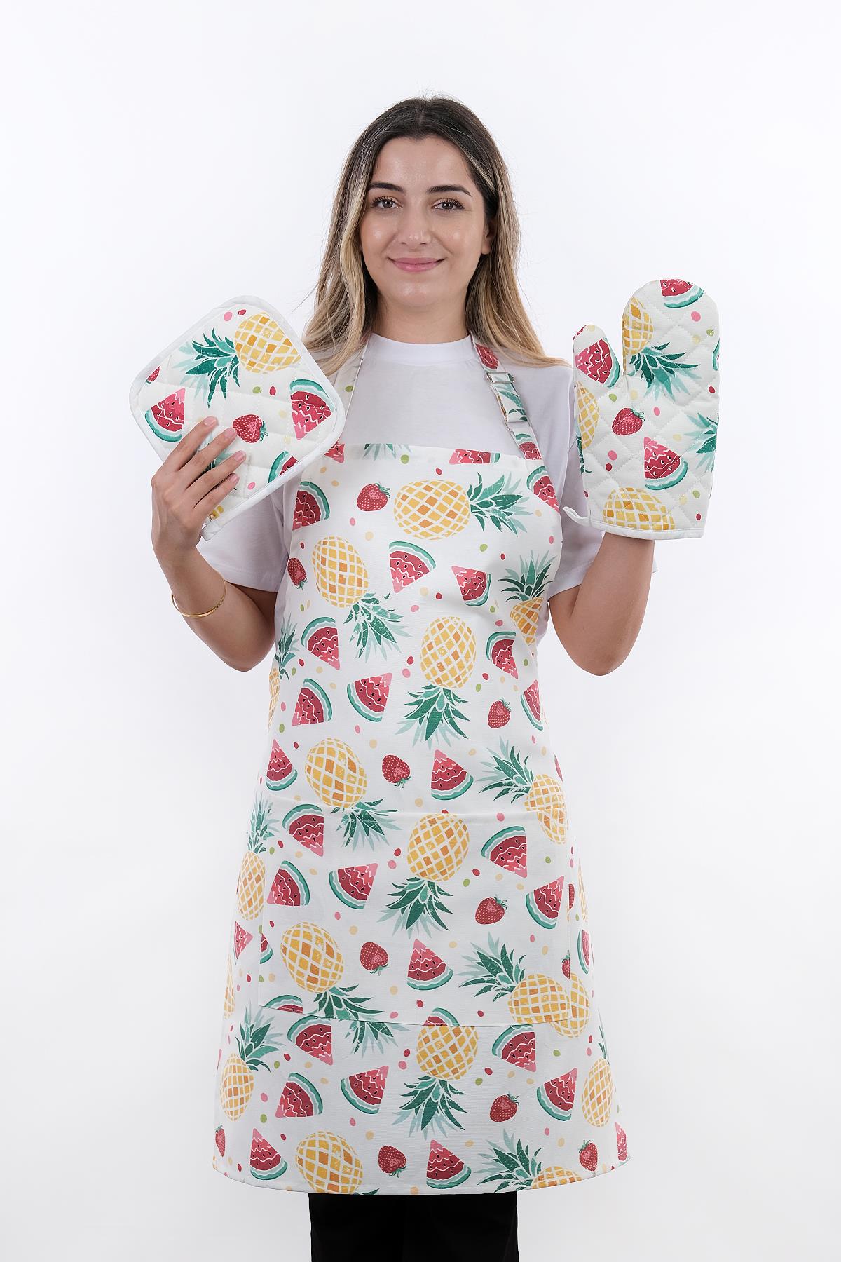 Sweet 3lü Set Ayarlanabilir Askılı Mutfak Önlüğü Seti (ELDİVEN, TUTACAK)