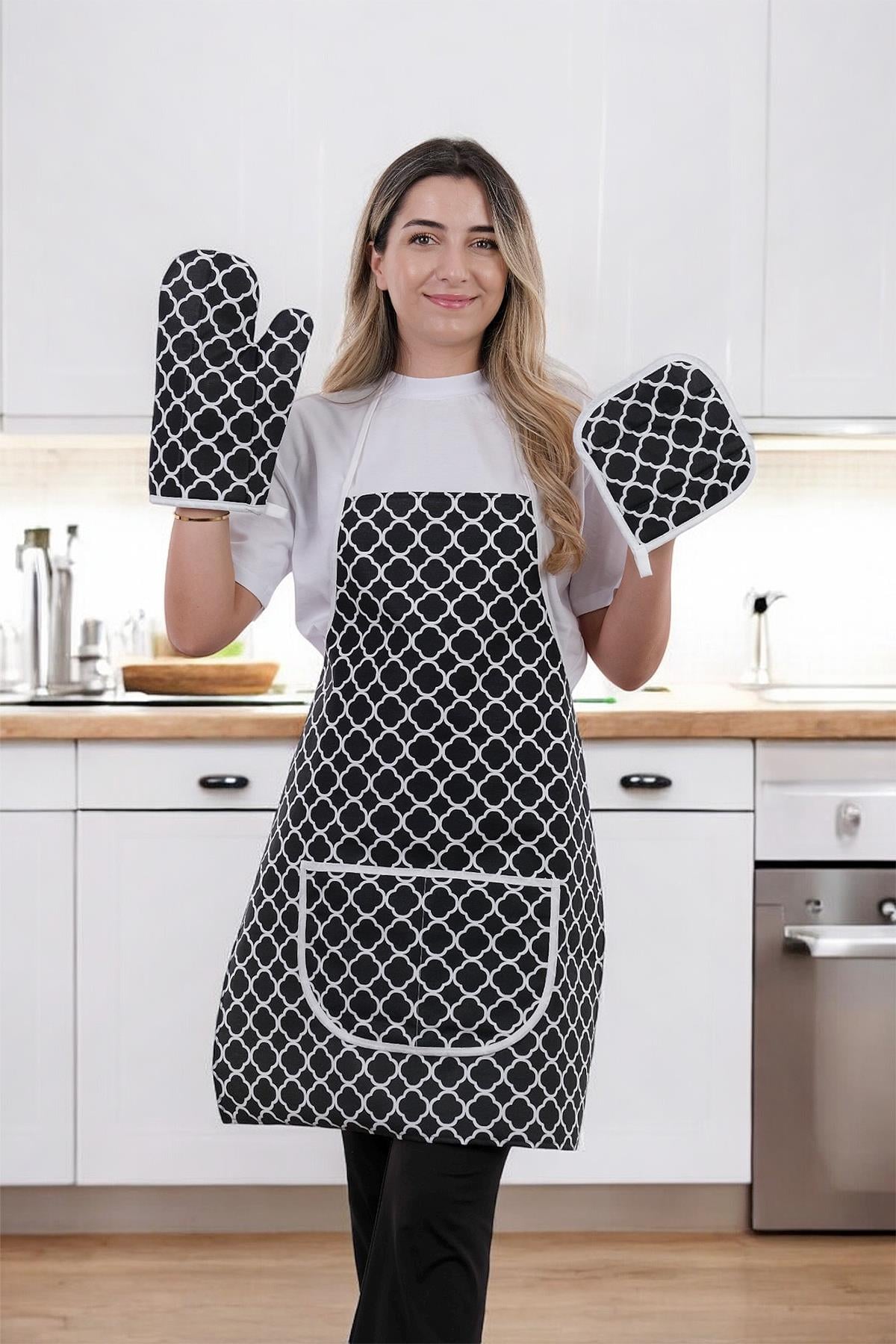 Trendy Membranlı 3lü Set Sıvı Geçirmez Su Geçirmez Mutfak Önlüğü (1 Eldiven 1 Tutacak)