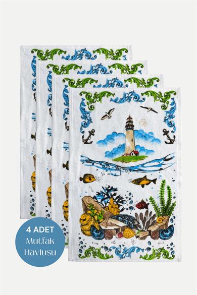 4lü Paket Baskılı Beyaz Mutfak Havlusu Modeli
