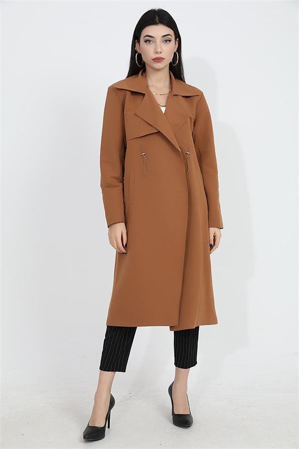 Beli Büzgülü Önü Çıtçılı Kadın Trençkot - Taba