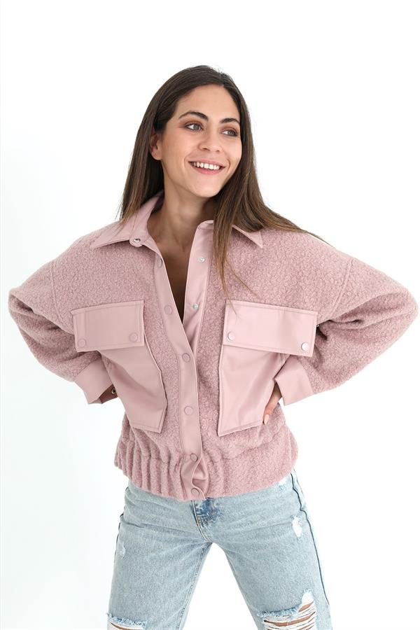 Beli Lastikli Çıtçıtlı Bergamo Gömlek Ceket - Pudra
